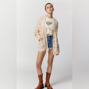 Urban Outfitters Cream Laddered Knit Cardigan in a semi-sheer, open-weave. Small